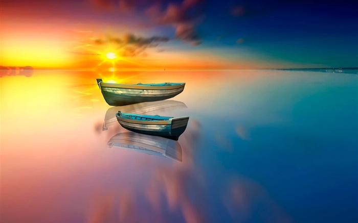 Lago, barco, reflexión del agua, puesta del sol Fondos de pantalla, imagen