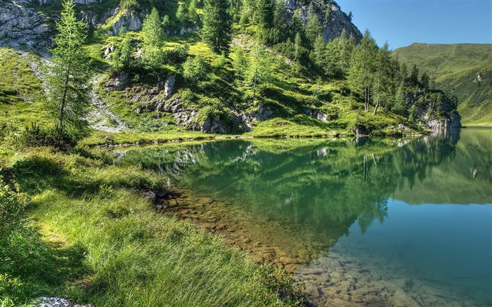 Lago, montaña, árboles, hierba, la reflexión del agua Fondos de pantalla, imagen