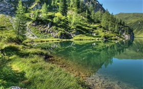 Lago, montaña, árboles, hierba, la reflexión del agua HD fondos de pantalla