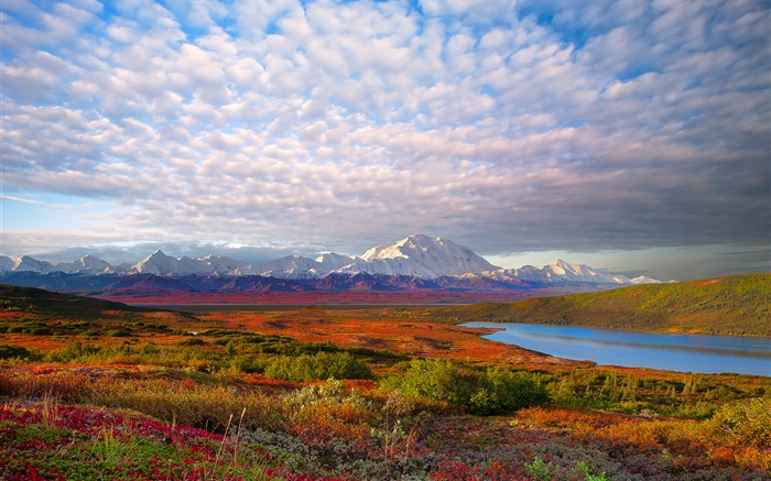 Lago, árboles, nubes, anochecer, el Parque Nacional de Denali, Alaska, EE.UU. Fondos de pantalla, imagen