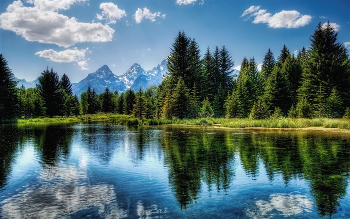 Lago, árboles, montañas, nubes, reflexión del agua Fondos de pantalla, imagen