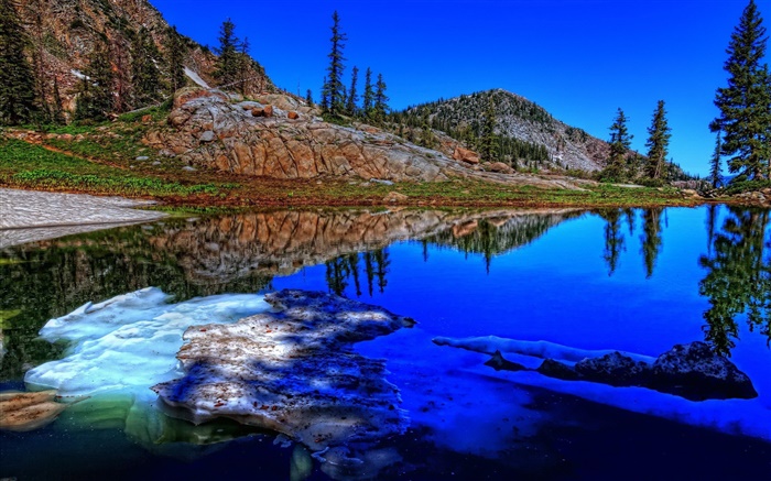Lago, árboles, montañas, hielo, agua reflexión Fondos de pantalla, imagen