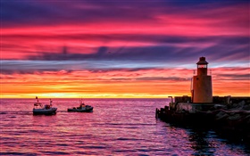 Faro, playa, mar, barcos, puesta del sol, cielo rojo HD fondos de pantalla