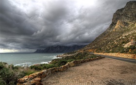 Montañas, costa, mar, nubes, tormenta HD fondos de pantalla