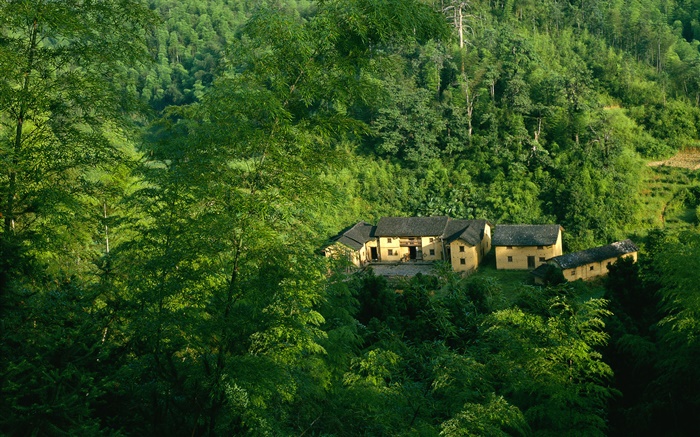 Montañas, árboles, verde, casa antigua, paisaje chino Fondos de pantalla, imagen