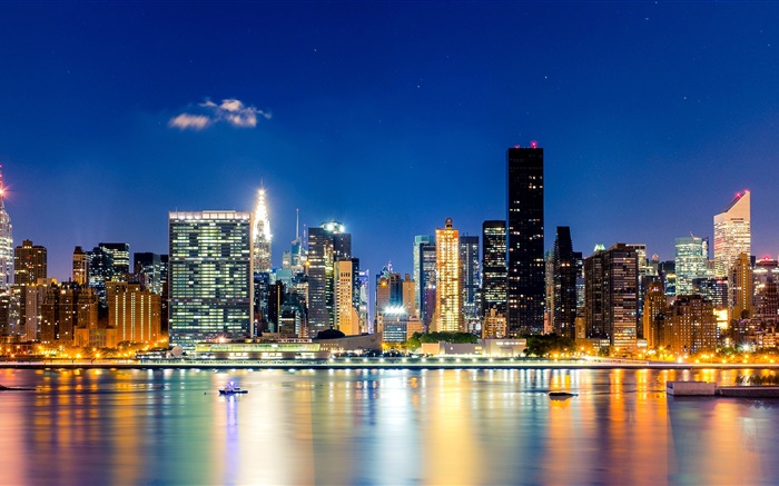 Ciudad de Nueva York, Manhattan, EE.UU., la noche, los rascacielos, luces, mar Fondos de pantalla, imagen