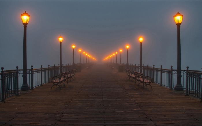Noche, puente, muelle, luces, niebla Fondos de pantalla, imagen