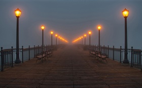 Noche, puente, muelle, luces, niebla