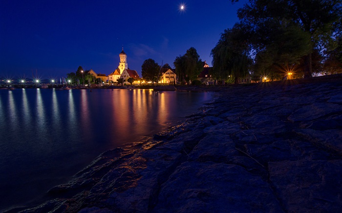 Noche, casas, las luces, el lago de Constanza, Baviera, Alemania Fondos de pantalla, imagen