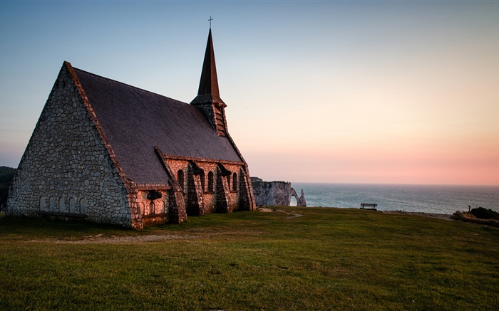 Normandía, Francia, iglesia, noche, mar Fondos de pantalla, imagen