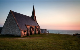 Normandía, Francia, iglesia, noche, mar HD fondos de pantalla