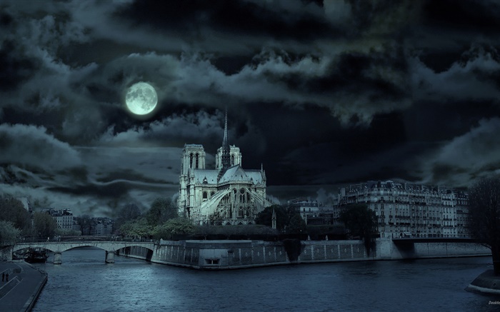 Notre Dame, Francia, la noche, el río, la luna Fondos de pantalla, imagen