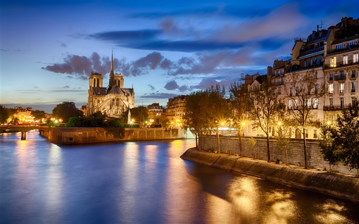 Notre Dame, Francia, el río, los árboles, la casa, la noche, las luces Fondos de pantalla, imagen