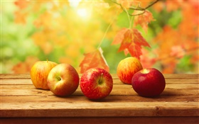 Manzanas rojas, mesa de madera, otoño, hojas HD fondos de pantalla