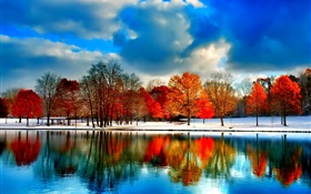Río, árboles, otoño, las nubes, la nieve, el cielo azul HD fondos de pantalla