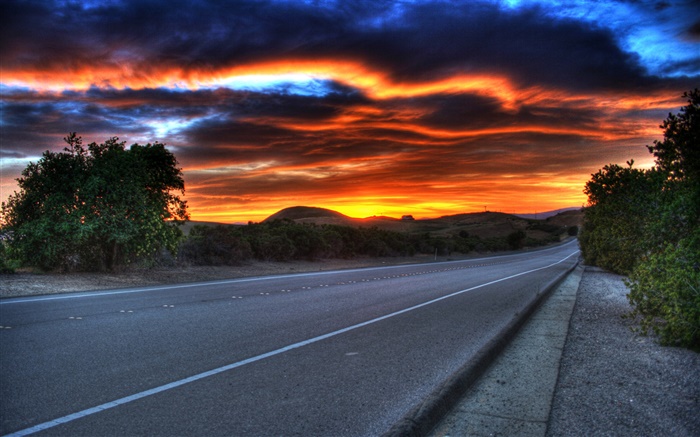 carretera, anochecer, nubes, cielo rojo Fondos de pantalla, imagen