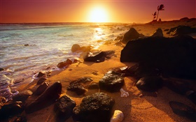 Costa rocosa, puesta del sol, Hawai, EE.UU.