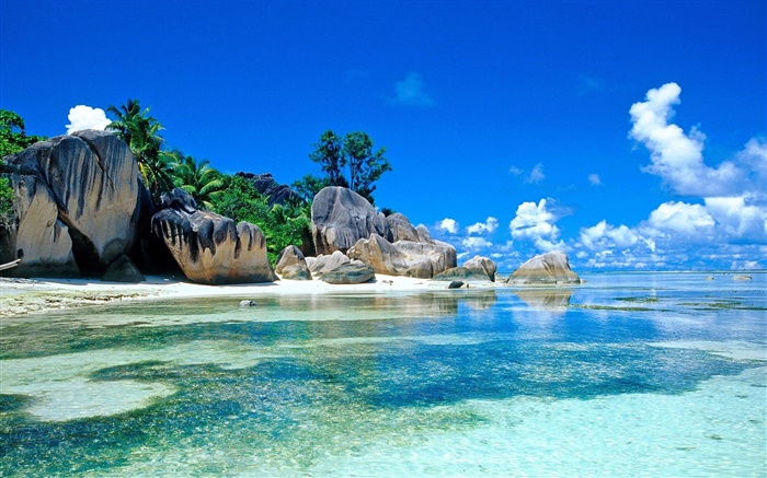Islas Seychelles, hermosos paisajes, mar, piedras, nubes, playa Fondos de pantalla, imagen