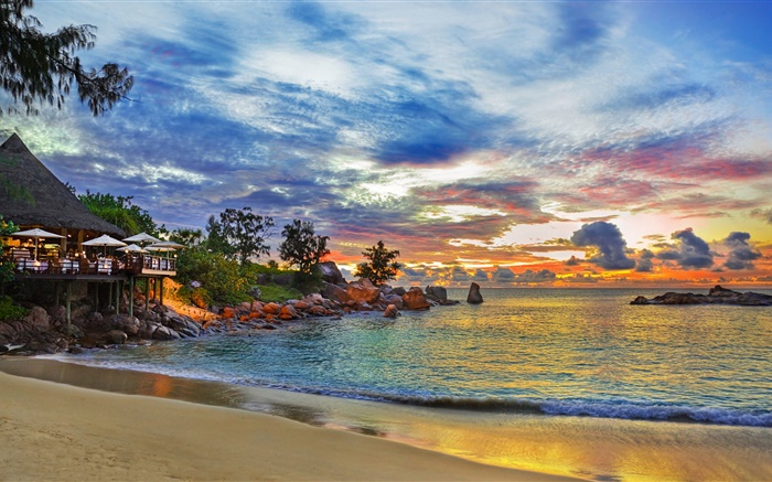 Islas Seychelles, casa resort, noche, luces, mar, playa Fondos de pantalla, imagen