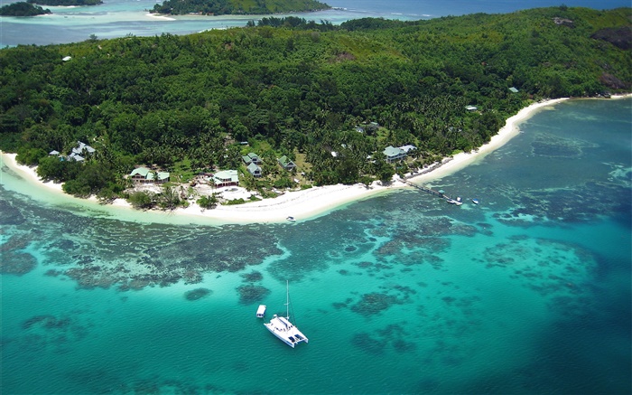 Islas Seychelles, vista desde arriba, barcos, mar Fondos de pantalla, imagen