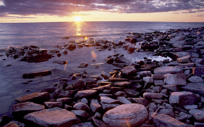 Piedras, costa, mar, salida del sol, nubes Fondos de pantalla, imagen