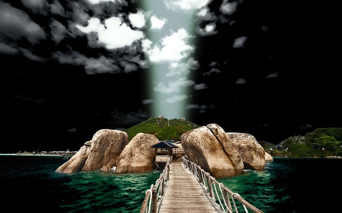 piedras, casa, mar, puente, HDR paisaje Fondos de pantalla, imagen