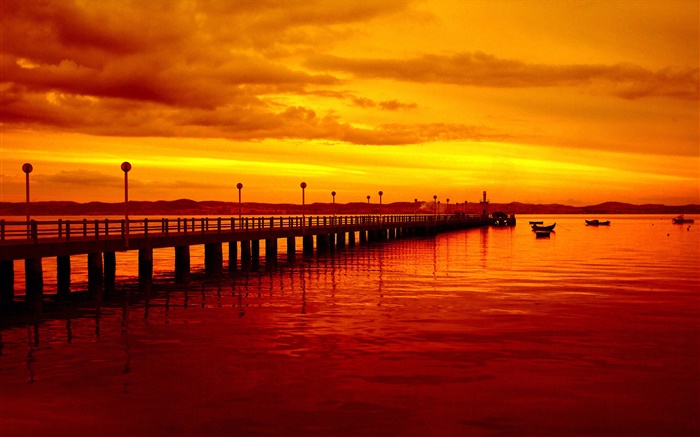 Puesta de sol, muelle, estilo rojo, barcos, río Fondos de pantalla, imagen