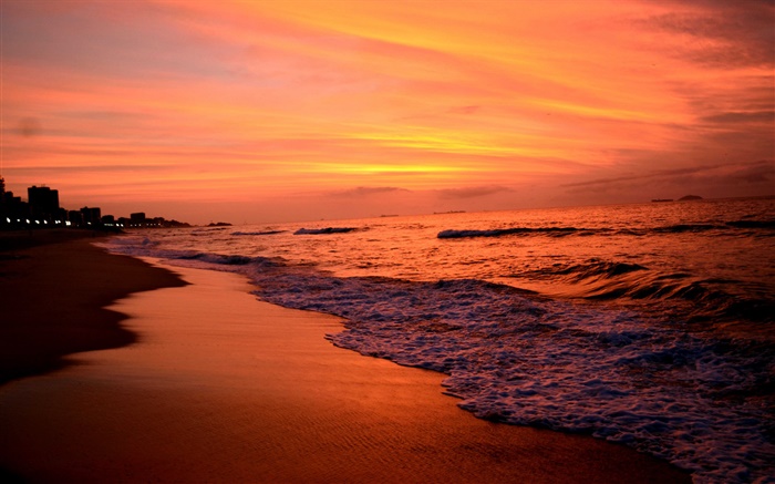 Puesta de sol, mar, atardecer, olas, cielo rojo Fondos de pantalla, imagen