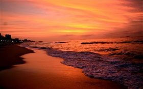 Puesta de sol, mar, atardecer, olas, cielo rojo HD fondos de pantalla