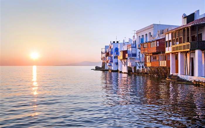 Puesta de sol, mar, casa, Little Venice, Mykonos, Grecia Fondos de pantalla, imagen