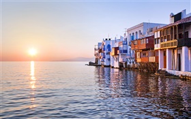 Puesta de sol, mar, casa, Little Venice, Mykonos, Grecia