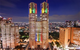 Tokio, Japón, rascacielos, noche, ciudad, luces
