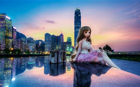 Juguete, muñeca, hermosa chica, ciudad, edificios, Hong Kong HD fondos de pantalla
