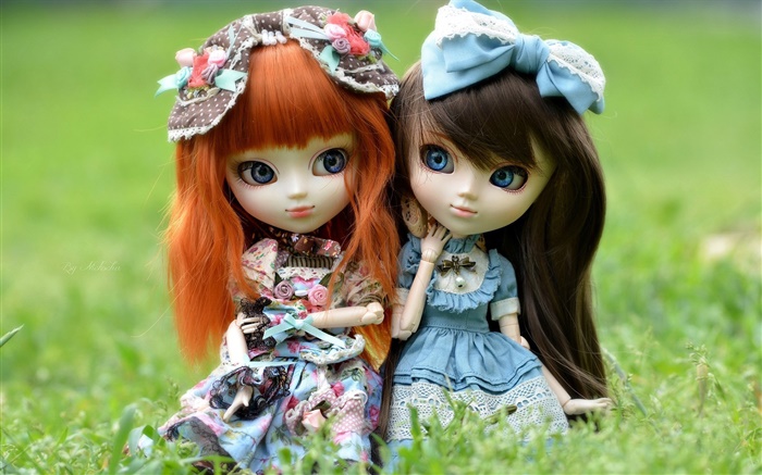 Dos niñas de juguete, el pelo rojo y negro, muñeca Fondos de pantalla, imagen