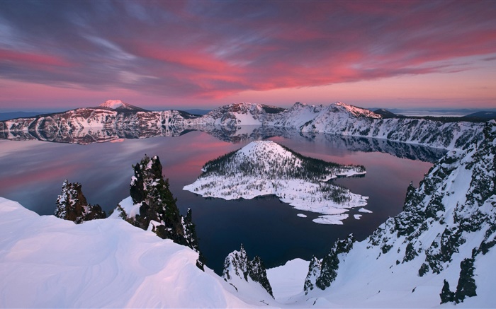 Lago volcánico, nieve, isla Fondos de pantalla, imagen