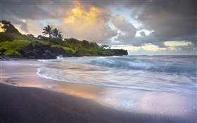 Olas rompiendo, playa de arena negro, Hawaii HD fondos de pantalla
