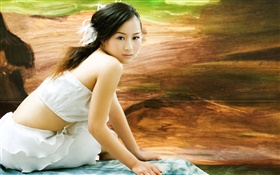 Vestido blanco Asia niña, mirar hacia atrás HD fondos de pantalla