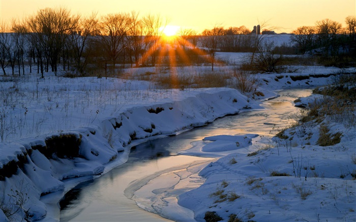 Invierno, río, nieve, árboles, amanecer, salida del sol Fondos de pantalla, imagen