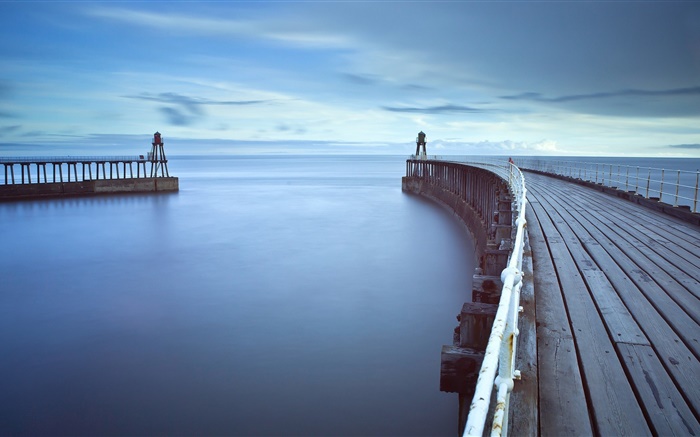 Puente de madera, embarcadero, faro, mar, amanecer Fondos de pantalla, imagen