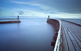 Puente de madera, embarcadero, faro, mar, amanecer