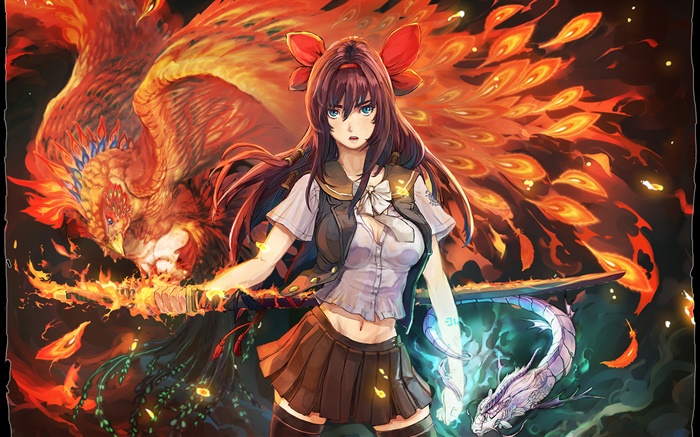 Anime girl, Llama Phoenix Fondos de pantalla, imagen