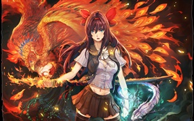 Anime girl, Llama Phoenix HD fondos de pantalla