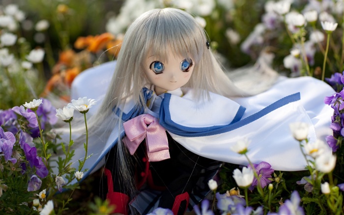 Los ojos azules de la muchacha del juguete, muñeca, flores Fondos de pantalla, imagen