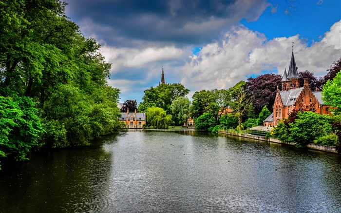 Brujas, Bélgica, Minnewater parque, río, edificios, árboles, nubes Fondos de pantalla, imagen
