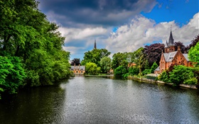 Brujas, Bélgica, Minnewater parque, río, edificios, árboles, nubes HD fondos de pantalla