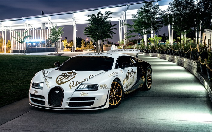 Bugatti Veyron supercar blanco, Nueva York, los árboles, la noche, las luces Fondos de pantalla, imagen