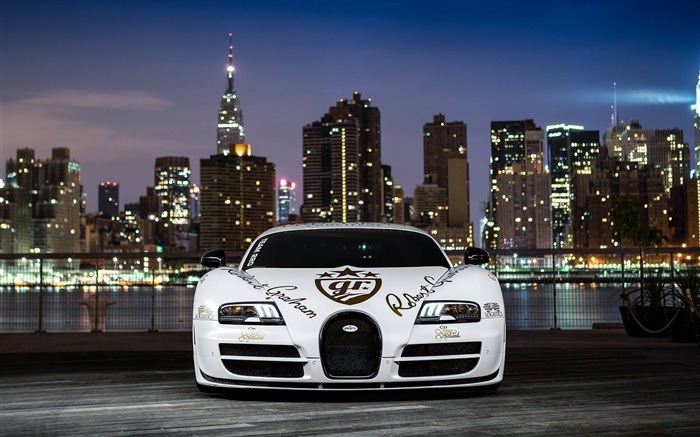 Bugatti Veyron supercar blanco Vista frontal, noche Fondos de pantalla, imagen