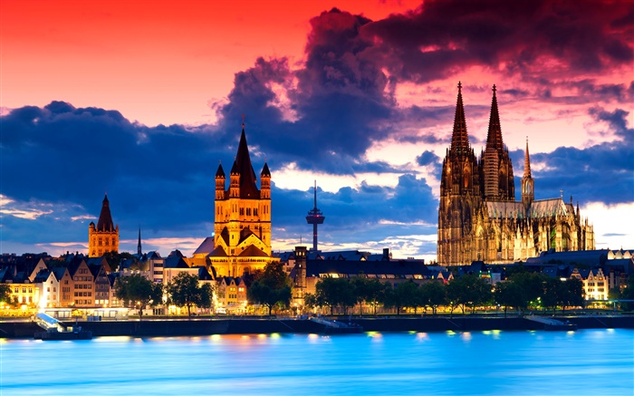 Colonia, Alemania, catedral, ciudad, noche, río, nubes Fondos de pantalla, imagen
