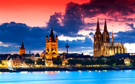 Colonia, Alemania, catedral, ciudad, noche, río, nubes