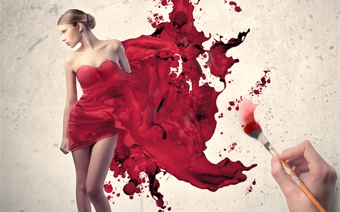 Dibuja de la muchacha del vestido rojo, imágenes creativas Fondos de pantalla, imagen